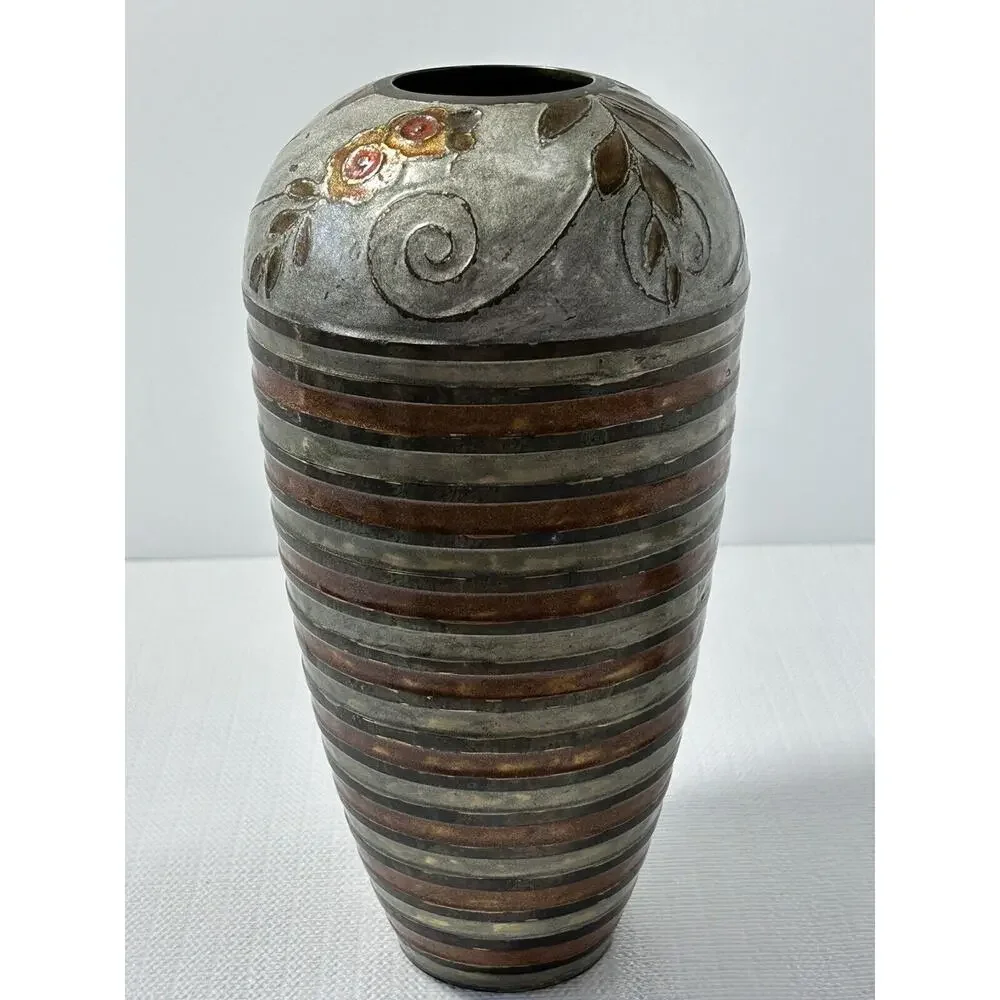 Vintage Brass Cloisonne Flower‎ Decor Vase~Floral~Earthtones~India~10.25